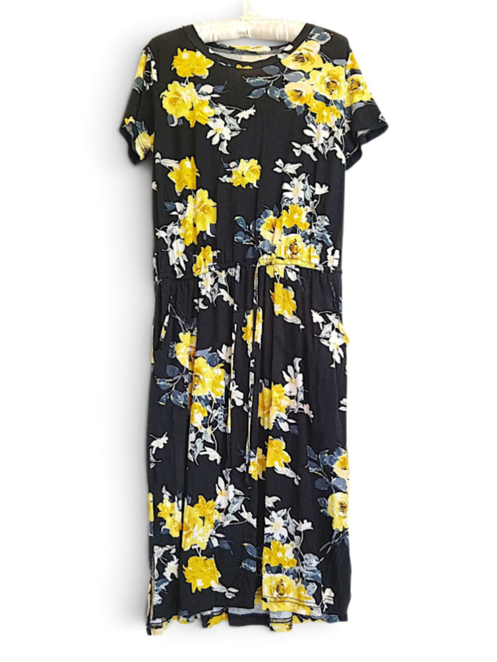 Fairy Yellow Black Floral T shirt Midi Dress Comfy Drawstring waist pockets LG